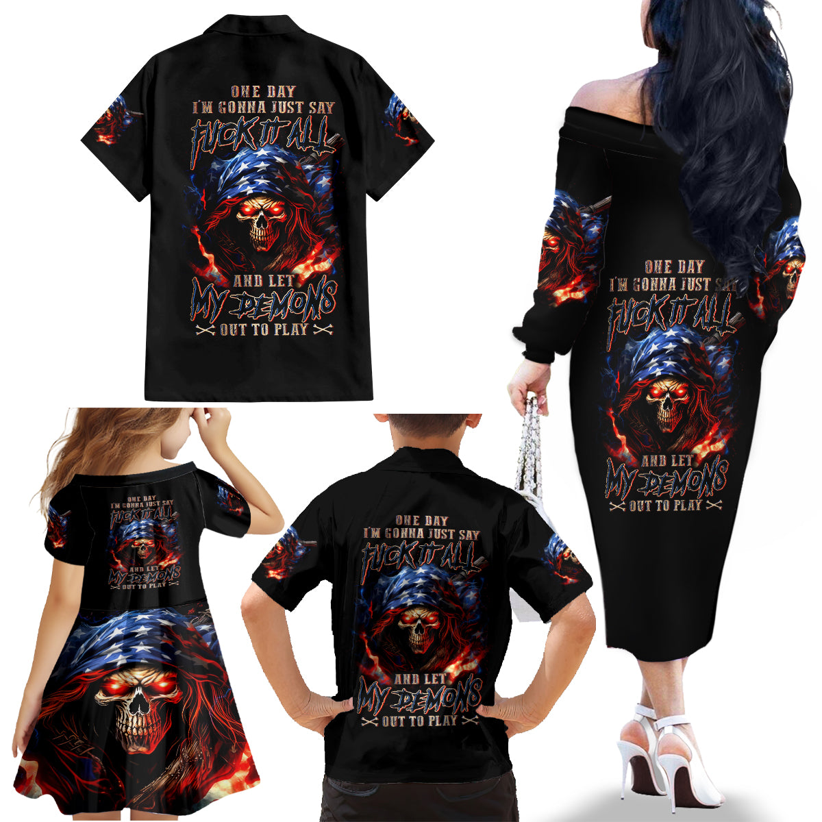 American Skull Family Matching Off Shoulder Long Sleeve Dress and Hawaiian Shirt One Day I Gonna Fuck It All - Wonder Print Shop