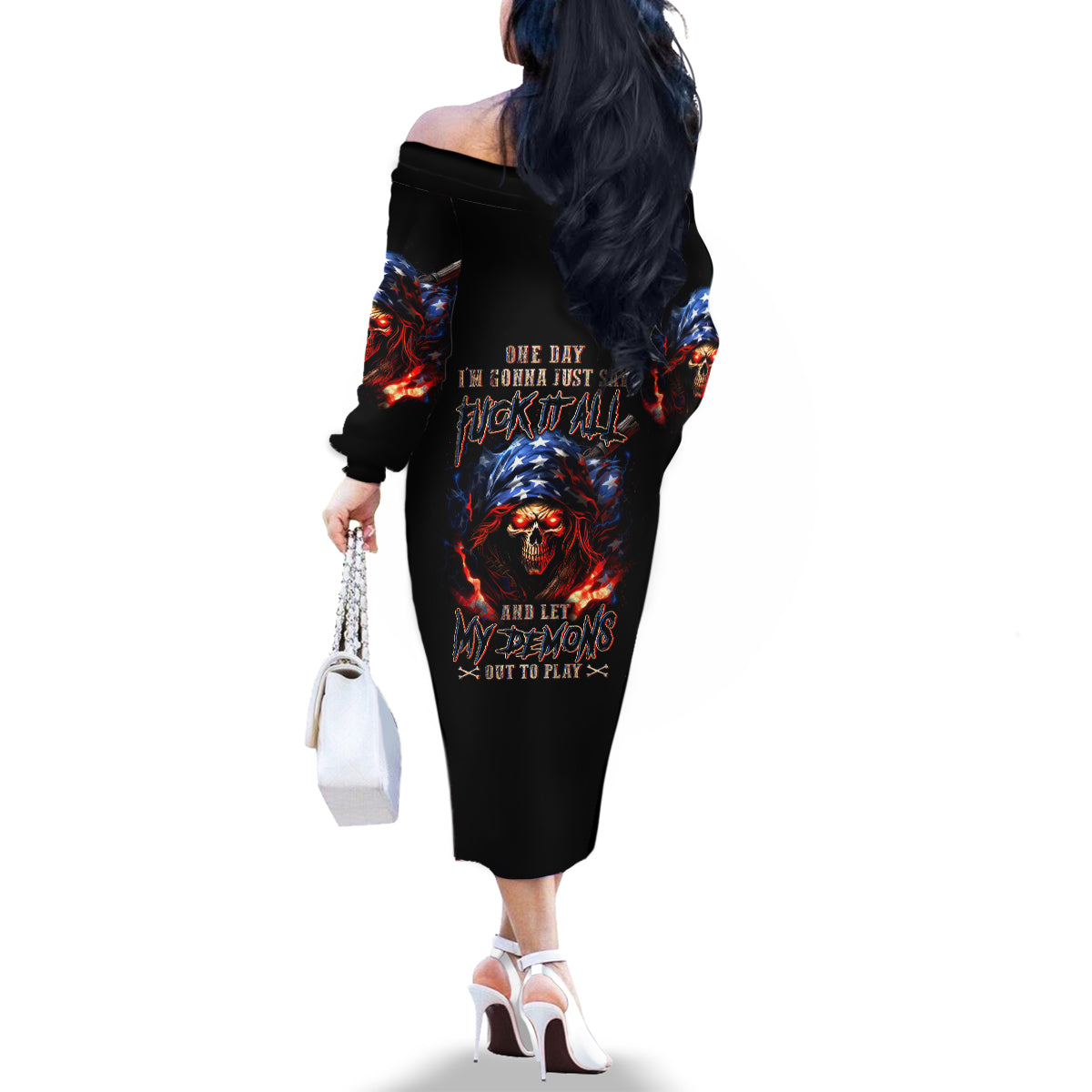 American Skull Family Matching Off Shoulder Long Sleeve Dress and Hawaiian Shirt One Day I Gonna Fuck It All - Wonder Print Shop
