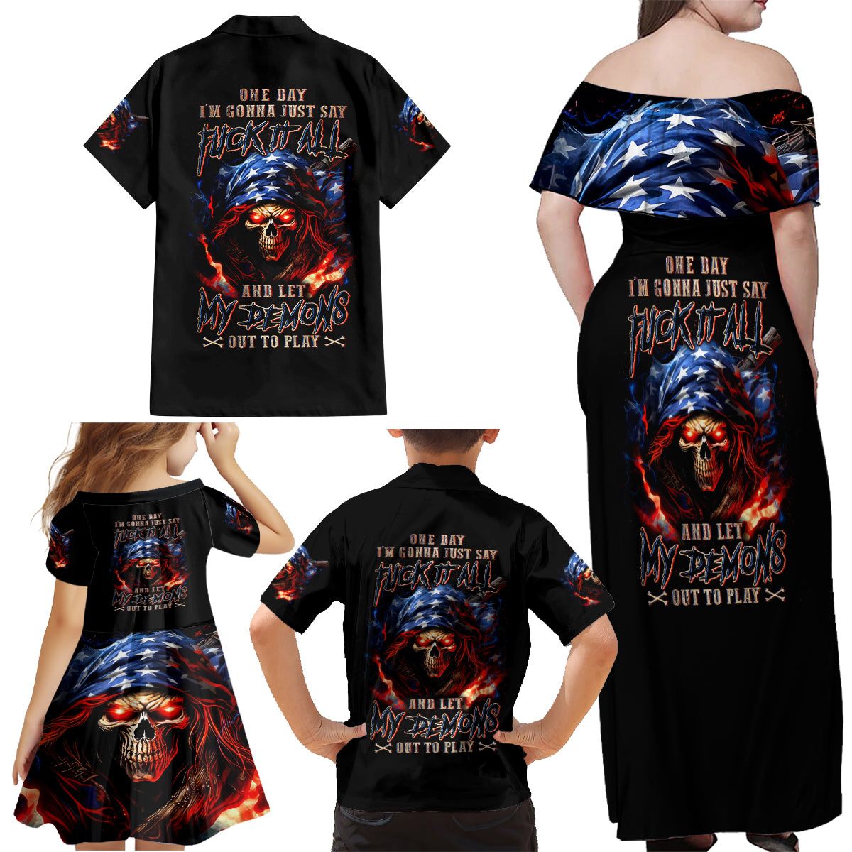 American Skull Family Matching Off Shoulder Maxi Dress and Hawaiian Shirt One Day I Gonna Fuck It All - Wonder Print Shop