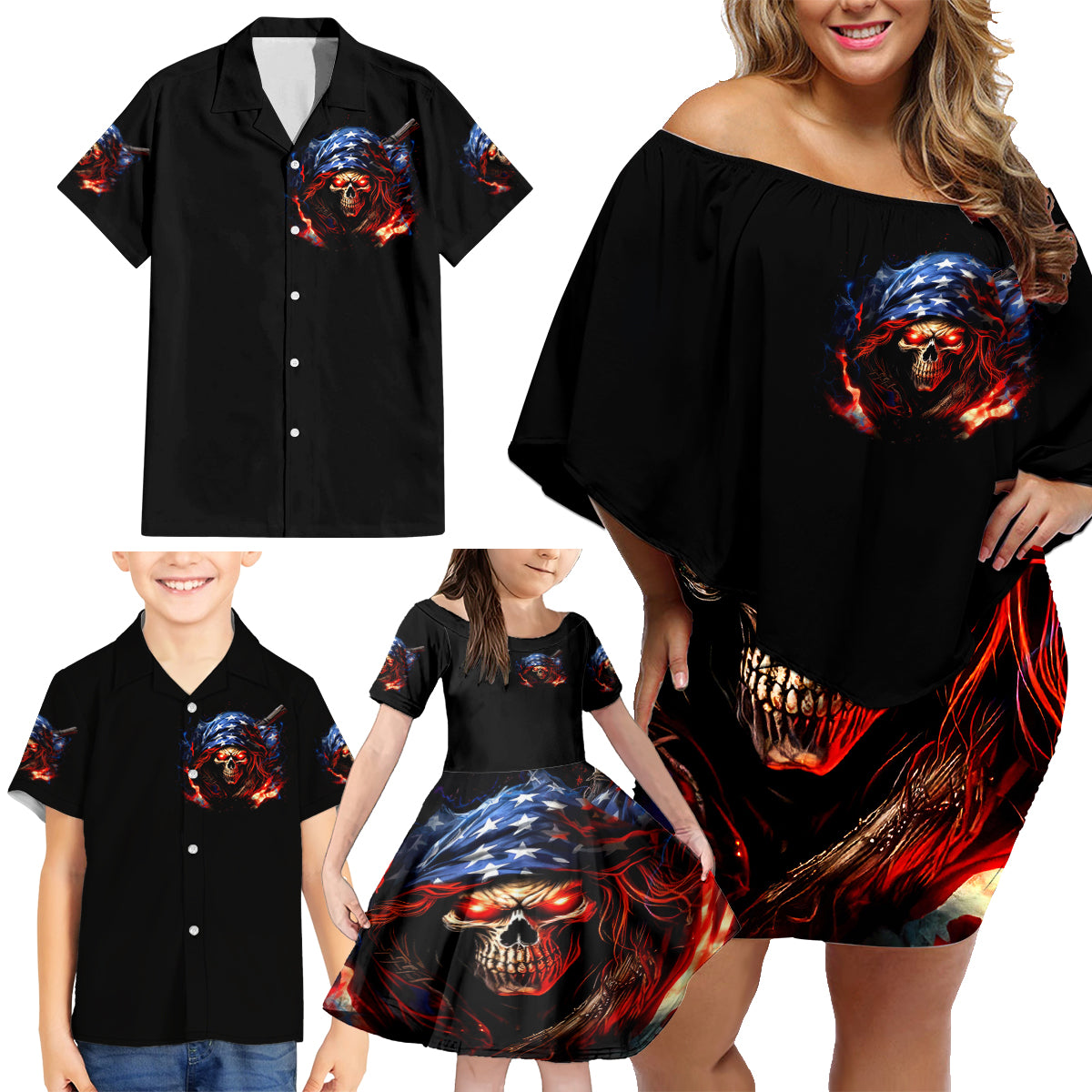 American Skull Family Matching Off Shoulder Short Dress and Hawaiian Shirt One Day I Gonna Fuck It All - Wonder Print Shop