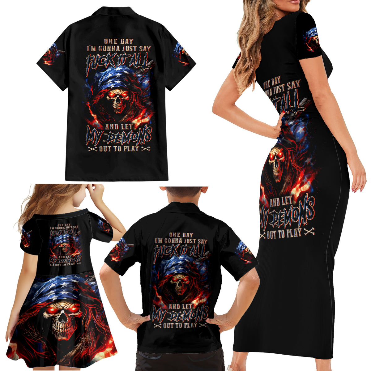 American Skull Family Matching Short Sleeve Bodycon Dress and Hawaiian Shirt One Day I Gonna Fuck It All - Wonder Print Shop