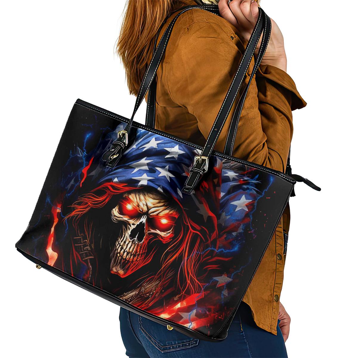 American Skull Leather Tote Bag One Day I Gonna Fuck It All - Wonder Print Shop