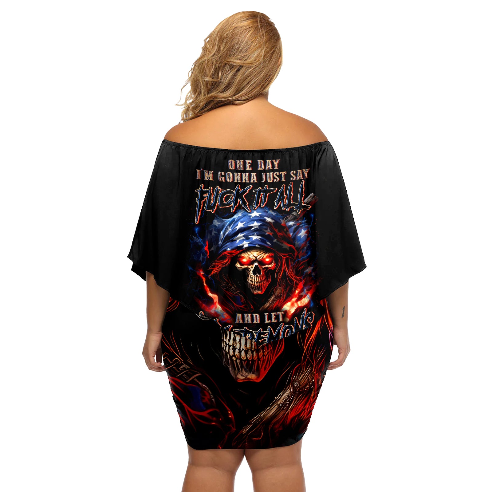 American Skull Off Shoulder Short Dress One Day I Gonna Fuck It All - Wonder Print Shop