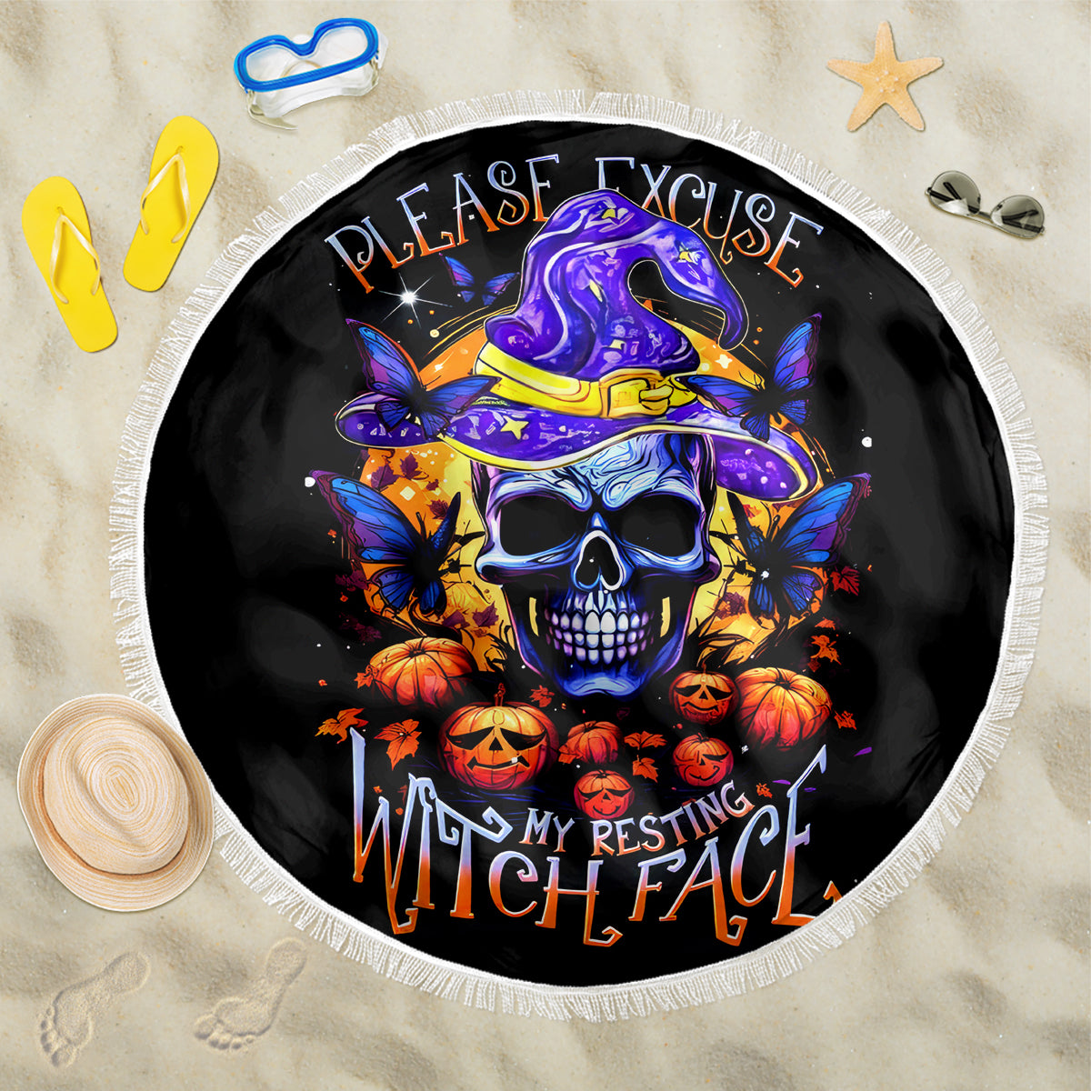 Halloween Skull Beach Blanket Please Excuse My Resting Witch Face - Wonder Print Shop