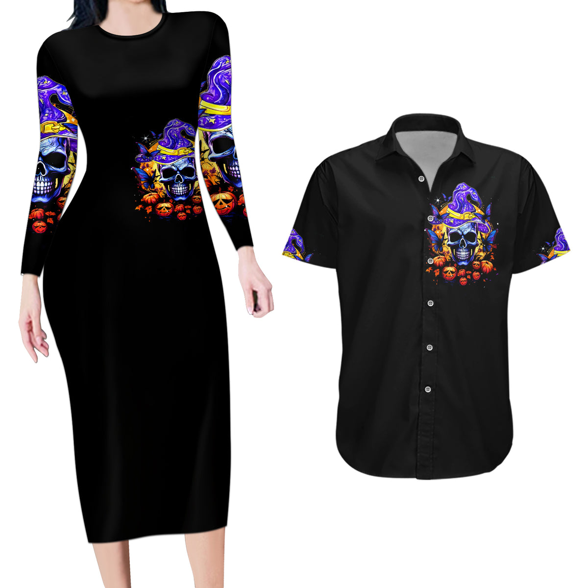 Black fitted long-sleeve midi dress and black short-sleeve shirt, colorful skull witch art
