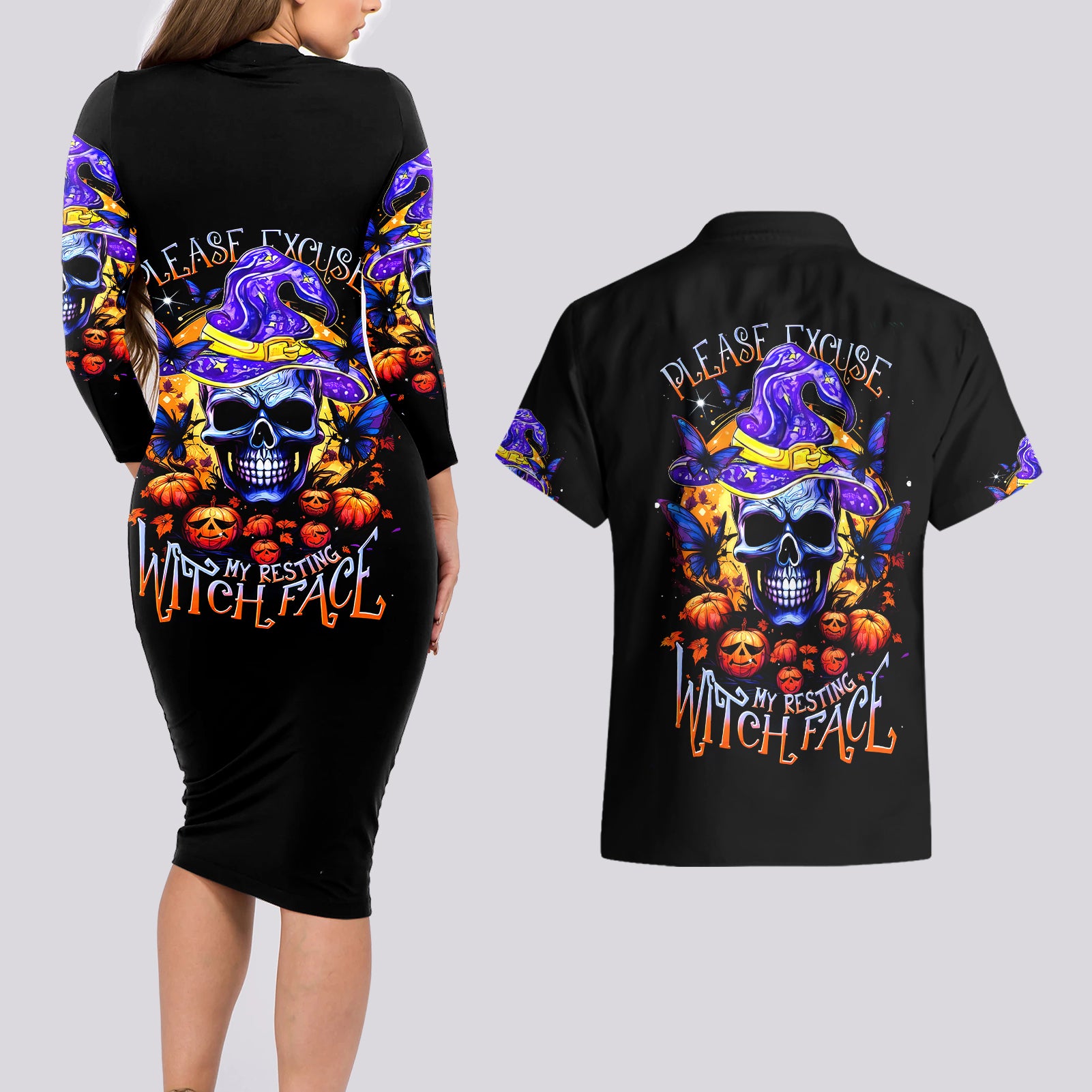 Halloween Skull Couples Matching Long Sleeve Bodycon Dress and Hawaiian Shirt Please Excuse My Resting Witch Face - Wonder Print Shop