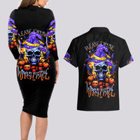 Black bodycon long-sleeve dress and Hawaiian shirt, skull witch front print