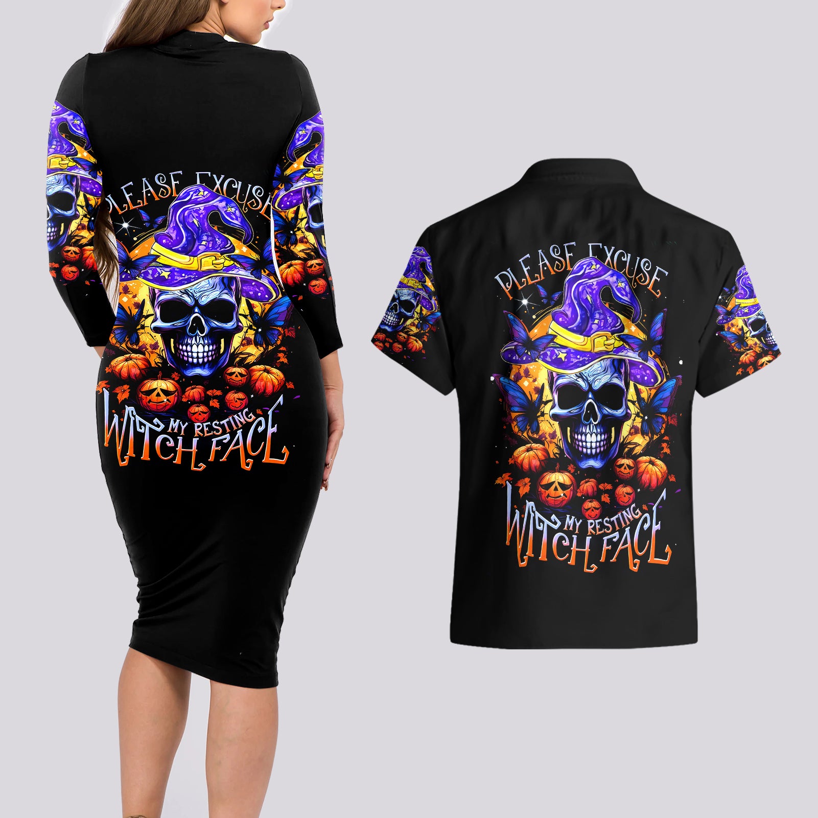 Halloween Skull Couples Matching Long Sleeve Bodycon Dress and Hawaiian Shirt Please Excuse My Resting Witch Face - Wonder Print Shop
