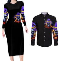 Black long-sleeve bodycon dress and black button shirt with skull witch graphic, front view