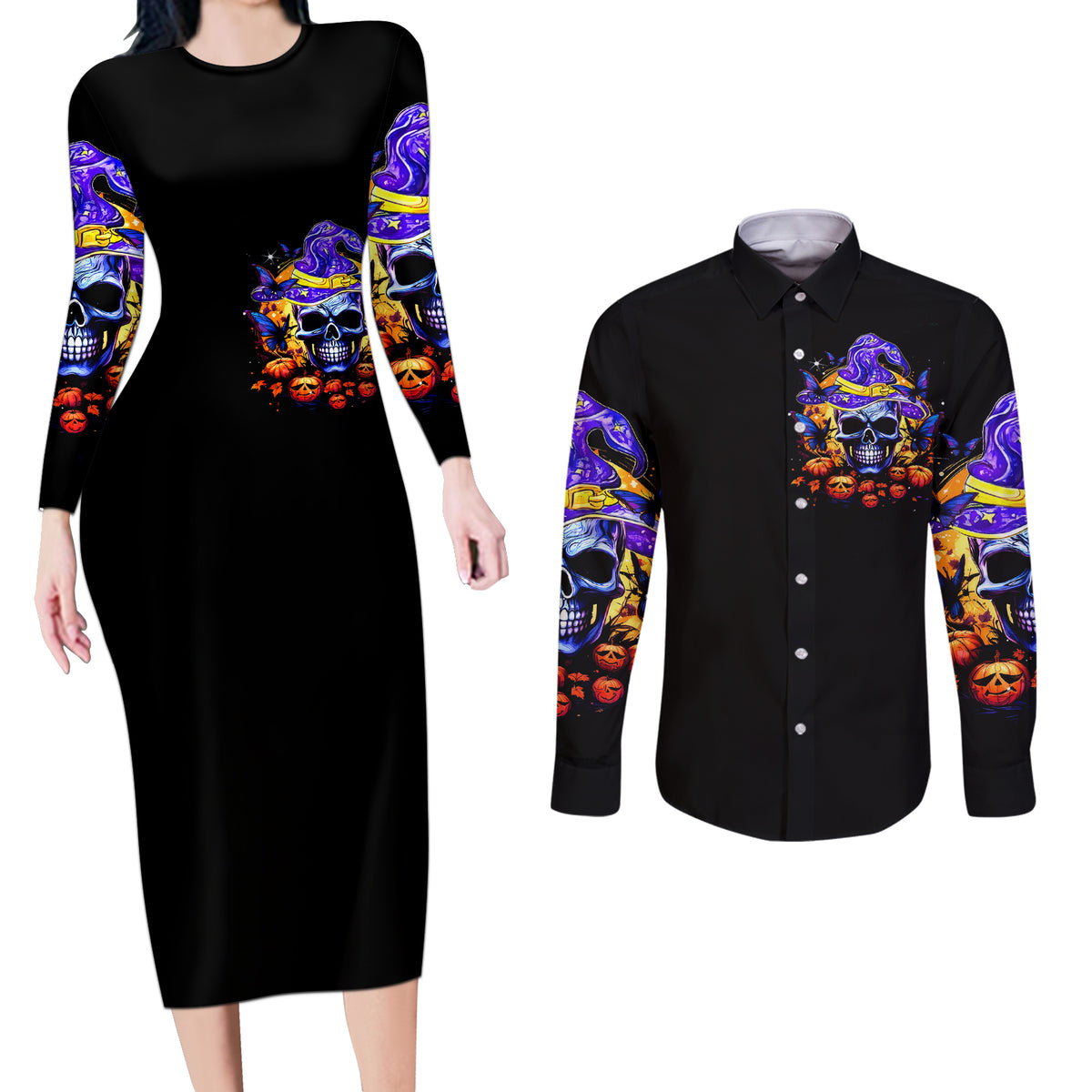 Halloween Skull Couples Matching Long Sleeve Bodycon Dress and Long Sleeve Button Shirts Please Excuse My Resting Witch Face - Wonder Print Shop