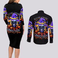 Black long-sleeve bodycon dress and black button shirt with skull witch graphic, back view