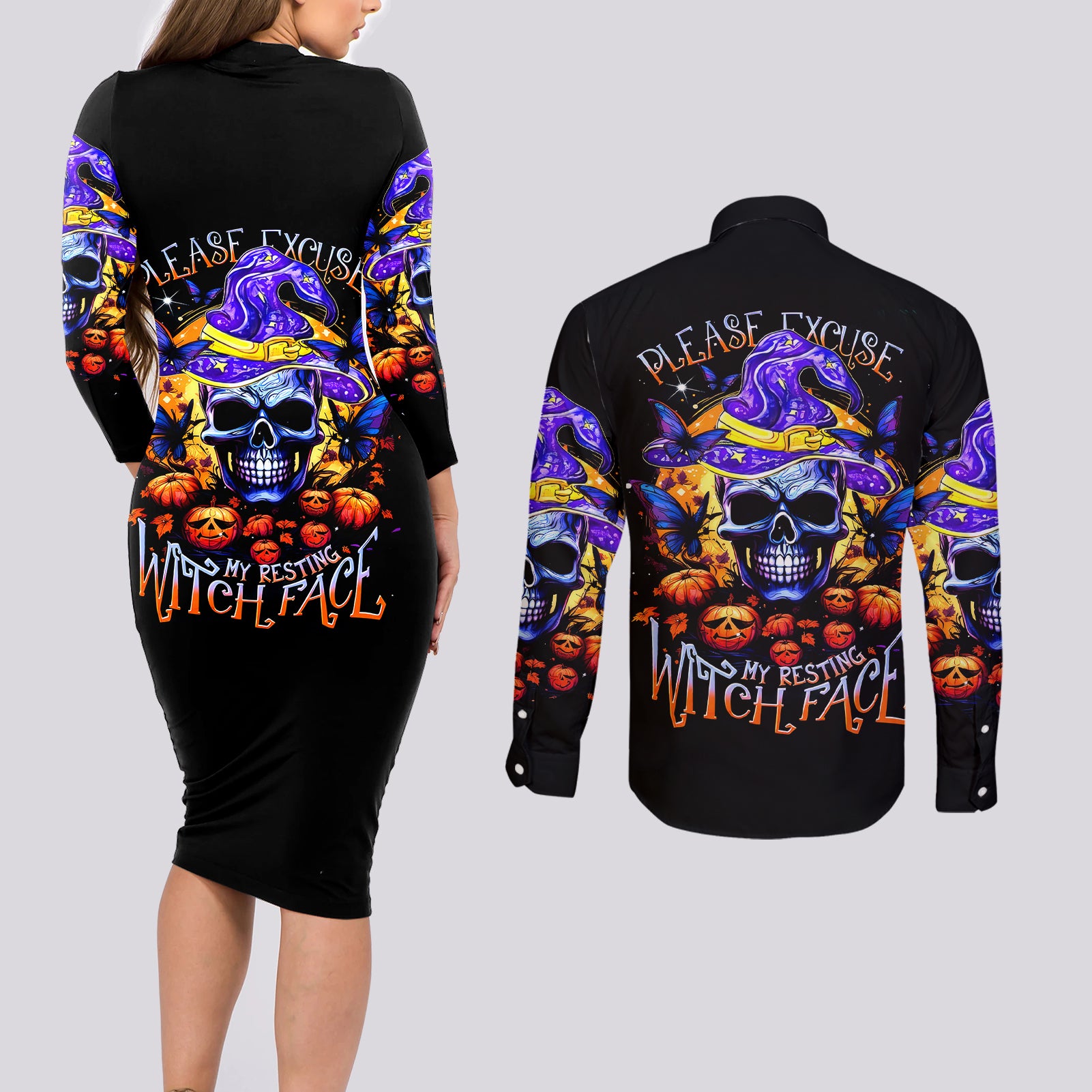 Halloween Skull Couples Matching Long Sleeve Bodycon Dress and Long Sleeve Button Shirts Please Excuse My Resting Witch Face - Wonder Print Shop