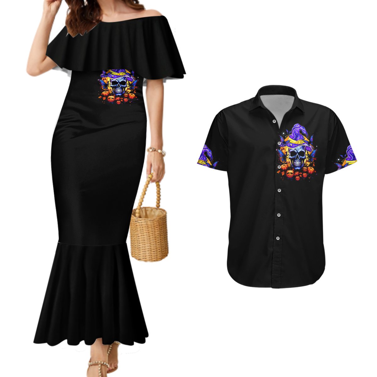 Black short-sleeve button-up shirt with purple skull chest print for matching set