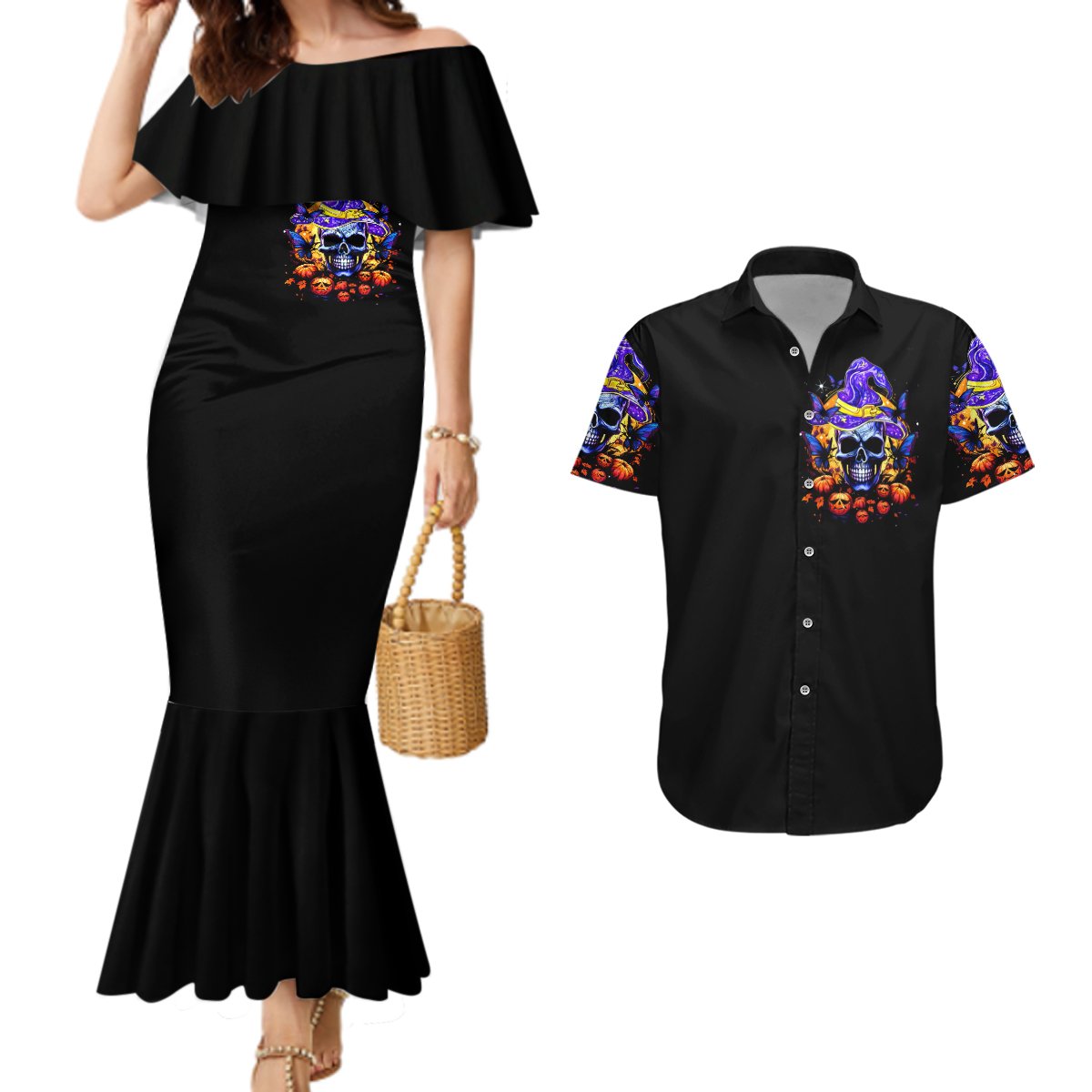Halloween Skull Couples Matching Mermaid Dress and Hawaiian Shirt Please Excuse My Resting Witch Face - Wonder Print Shop