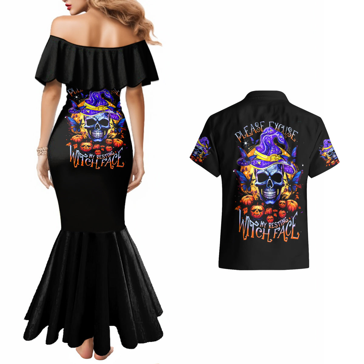 Halloween Skull Couples Matching Mermaid Dress and Hawaiian Shirt Please Excuse My Resting Witch Face - Wonder Print Shop