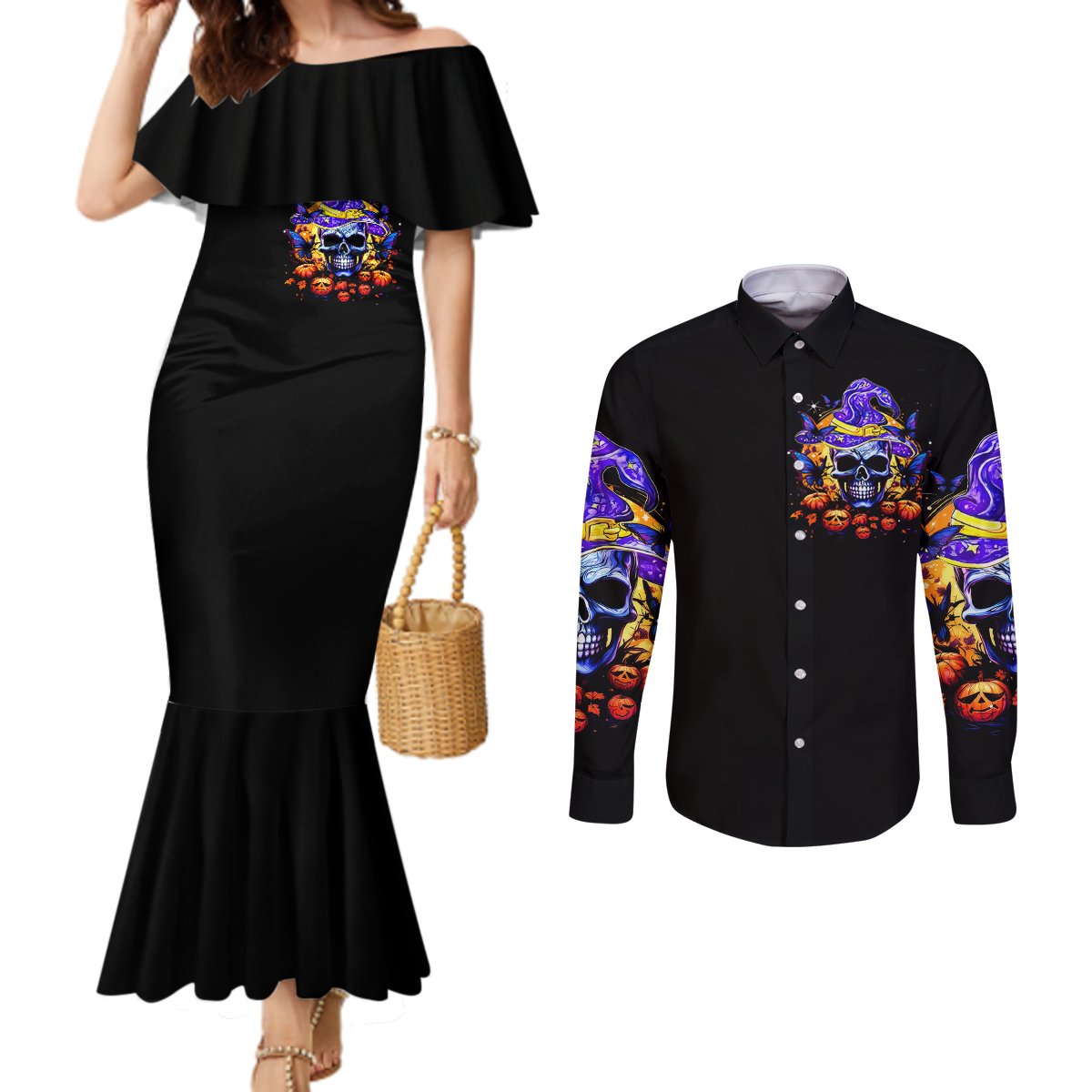 halloween-skull-couples-matching-mermaid-dress-and-long-sleeve-button-shirts-please-excuse-my-resting-witch-face