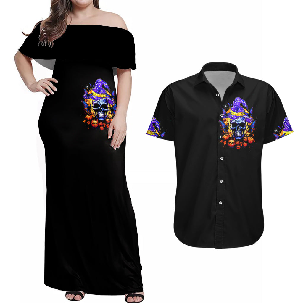 Black short-sleeve button-up shirt with colorful skull witch-face graphic