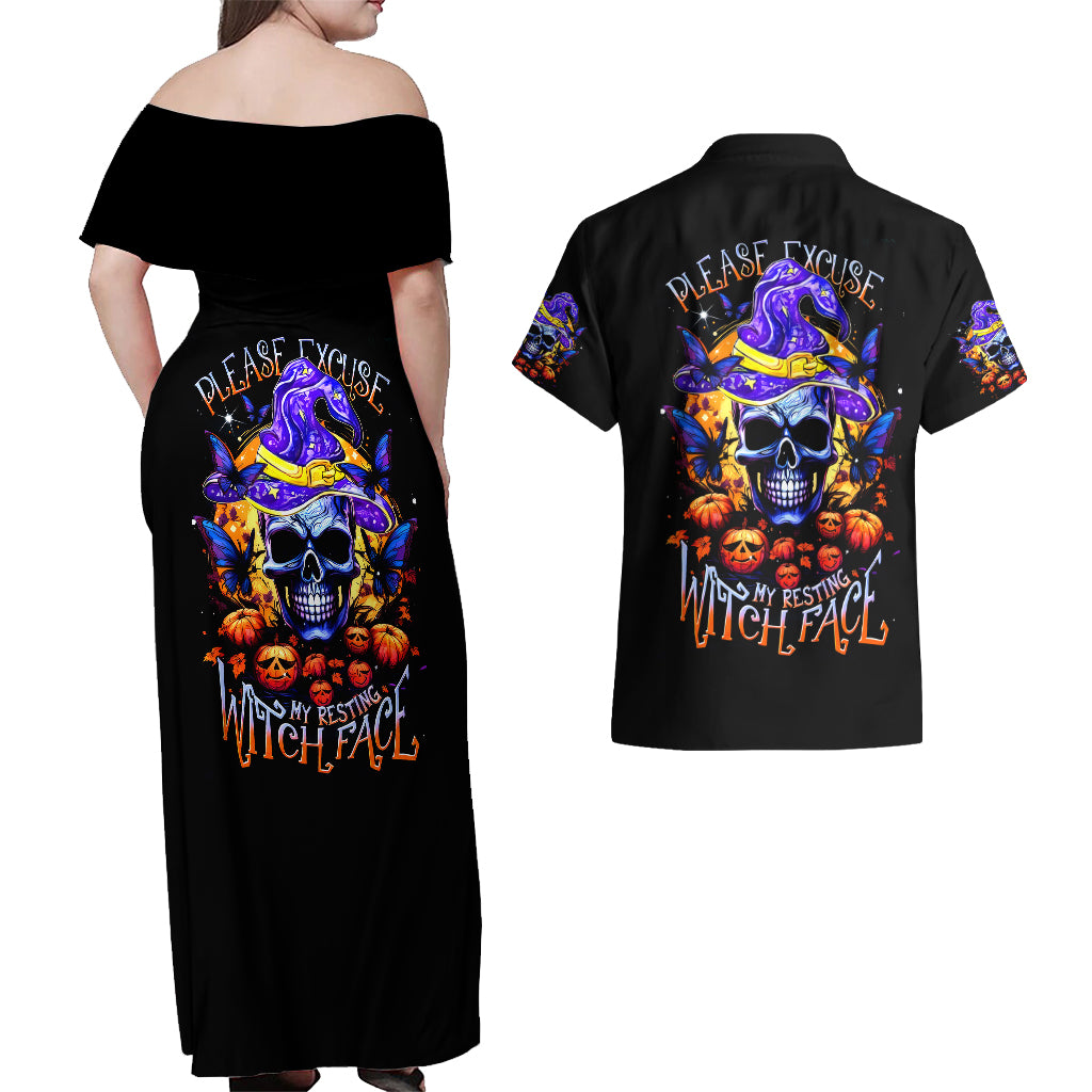 Halloween Skull Couples Matching Off Shoulder Maxi Dress and Hawaiian Shirt Please Excuse My Resting Witch Face - Wonder Print Shop