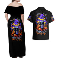 Black off-shoulder maxi dress with colorful skull witch-face graphic