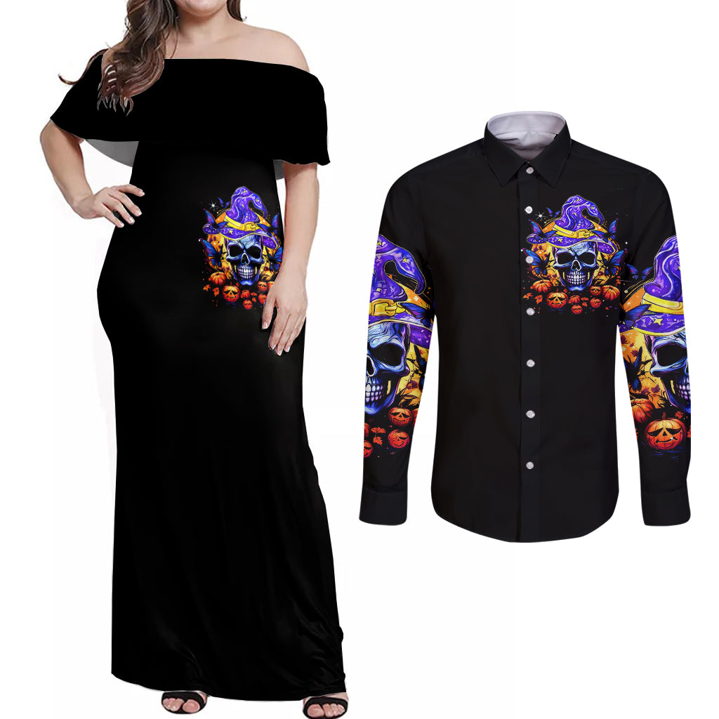 Halloween Skull Couples Matching Off Shoulder Maxi Dress and Long Sleeve Button Shirts Please Excuse My Resting Witch Face - Wonder Print Shop