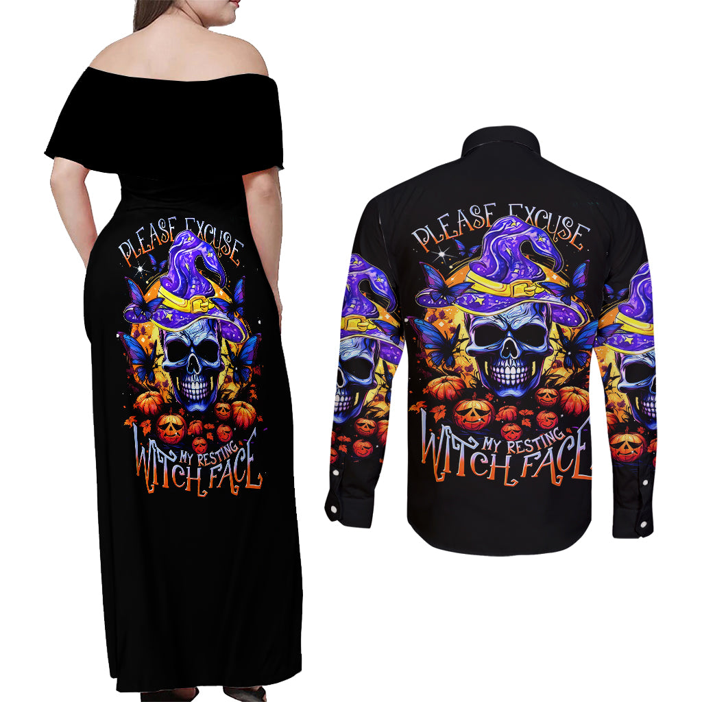 Halloween Skull Couples Matching Off Shoulder Maxi Dress and Long Sleeve Button Shirts Please Excuse My Resting Witch Face - Wonder Print Shop