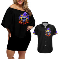 Black off-shoulder skull Halloween dress and black short-sleeve button shirt, witch face print