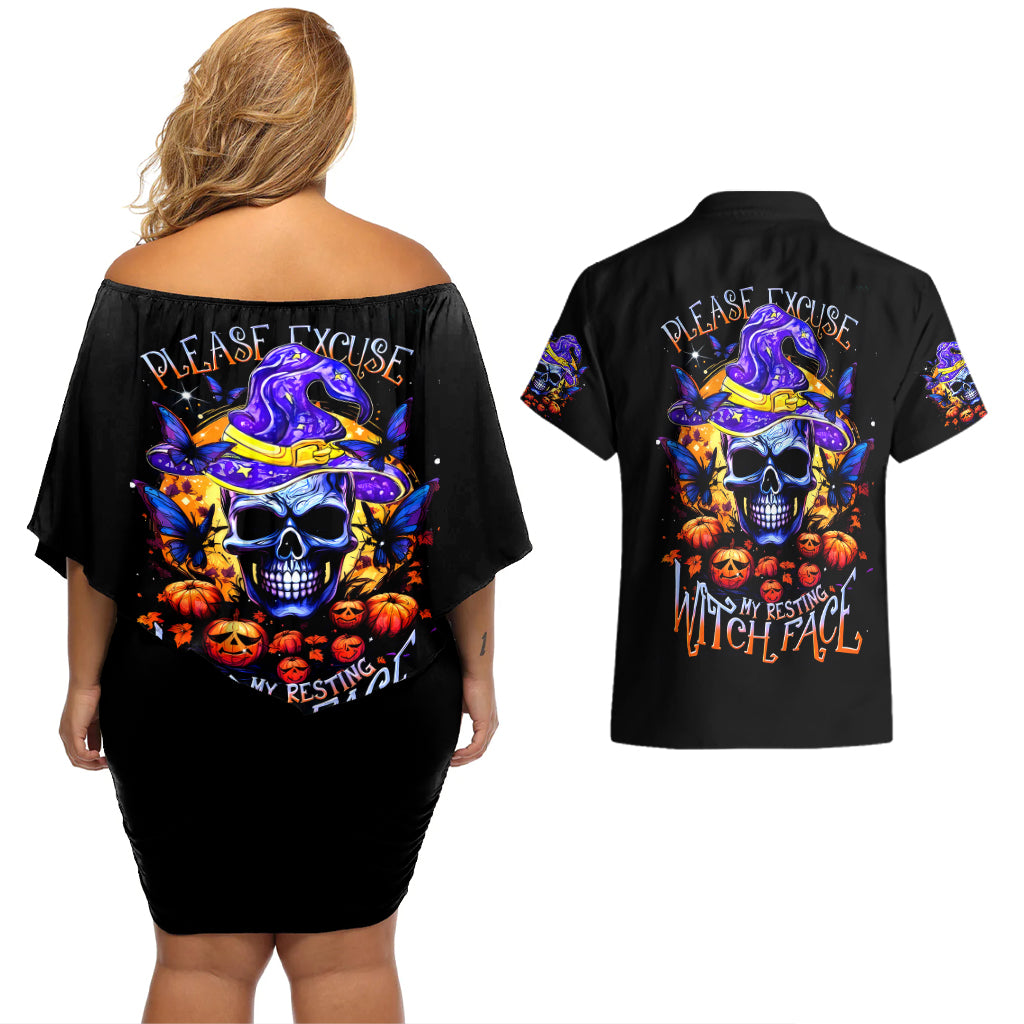 Halloween Skull Couples Matching Off Shoulder Short Dress and Hawaiian Shirt Please Excuse My Resting Witch Face - Wonder Print Shop