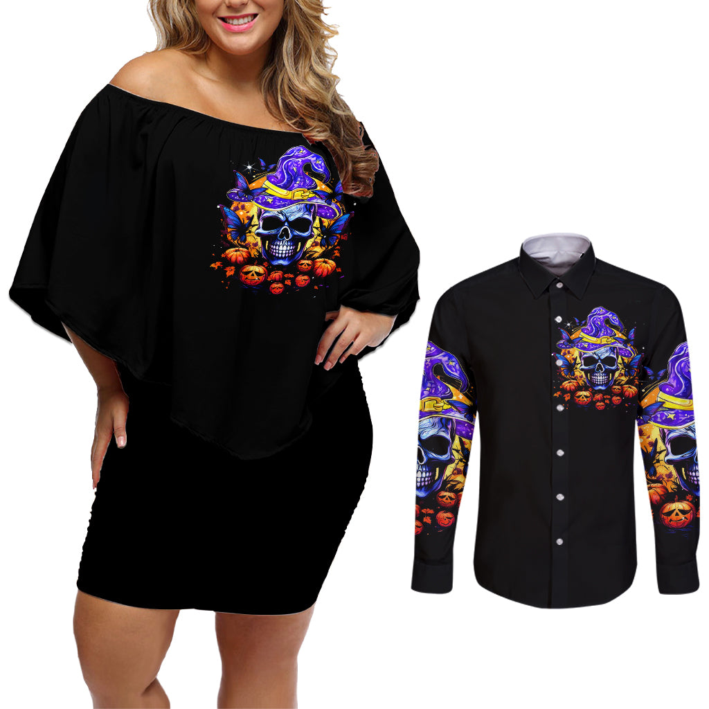 Black off-shoulder short dress and black long-sleeve button shirt, purple skull witch art