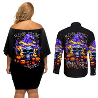 Black off-shoulder short dress and black long-sleeve button shirt, skull witch print