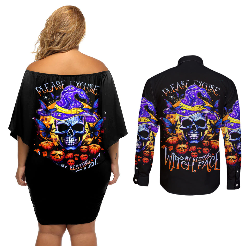 Halloween Skull Couples Matching Off Shoulder Short Dress and Long Sleeve Button Shirts Please Excuse My Resting Witch Face - Wonder Print Shop