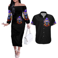 Black off-shoulder midi dress and black button-up shirt with colorful skull witch print