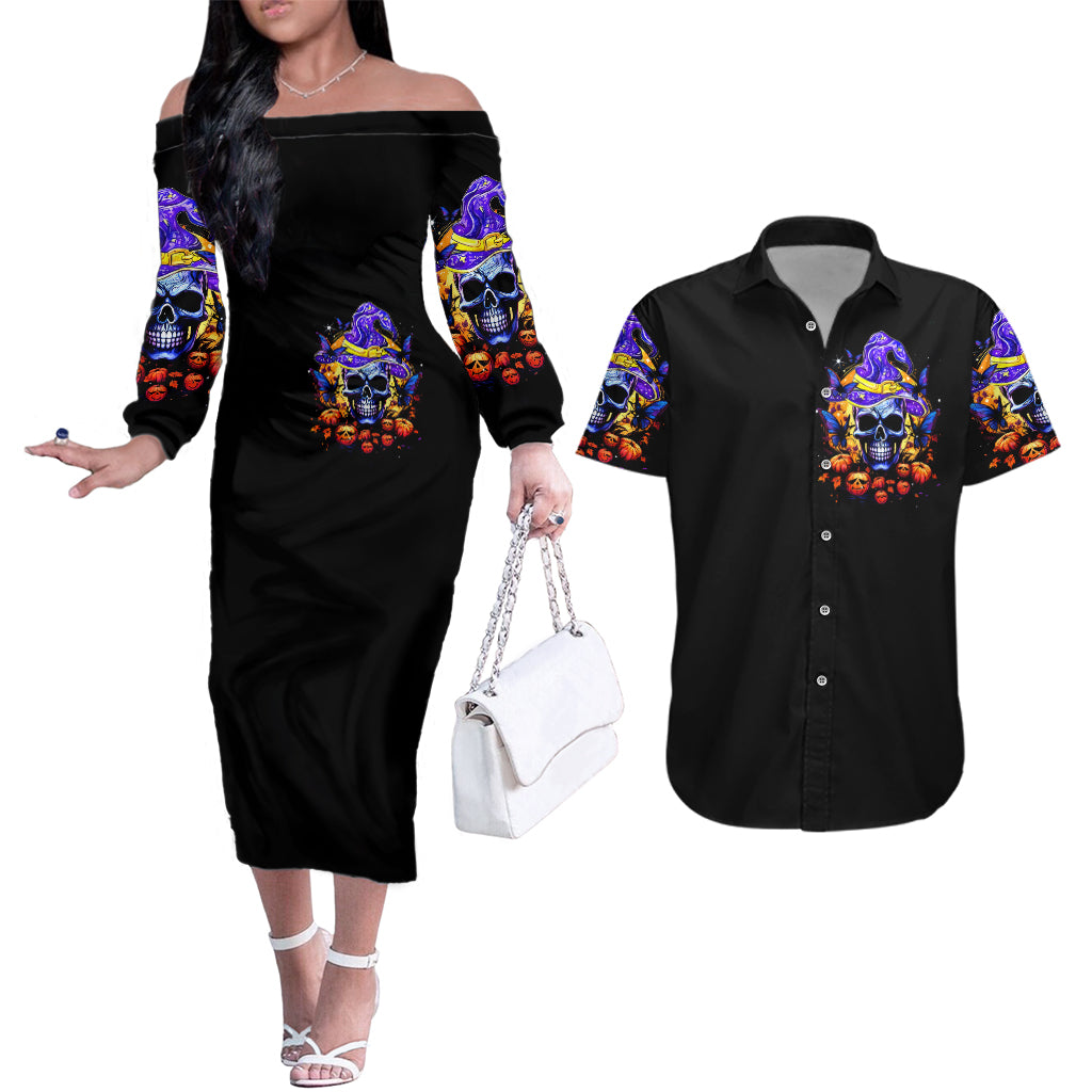 Halloween Skull Couples Matching Off The Shoulder Long Sleeve Dress and Hawaiian Shirt Please Excuse My Resting Witch Face - Wonder Print Shop