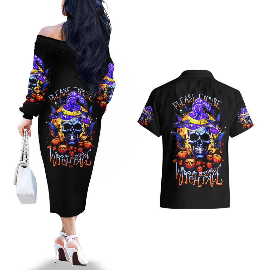 Halloween Skull Couples Matching Off The Shoulder Long Sleeve Dress and Hawaiian Shirt Please Excuse My Resting Witch Face - Wonder Print Shop