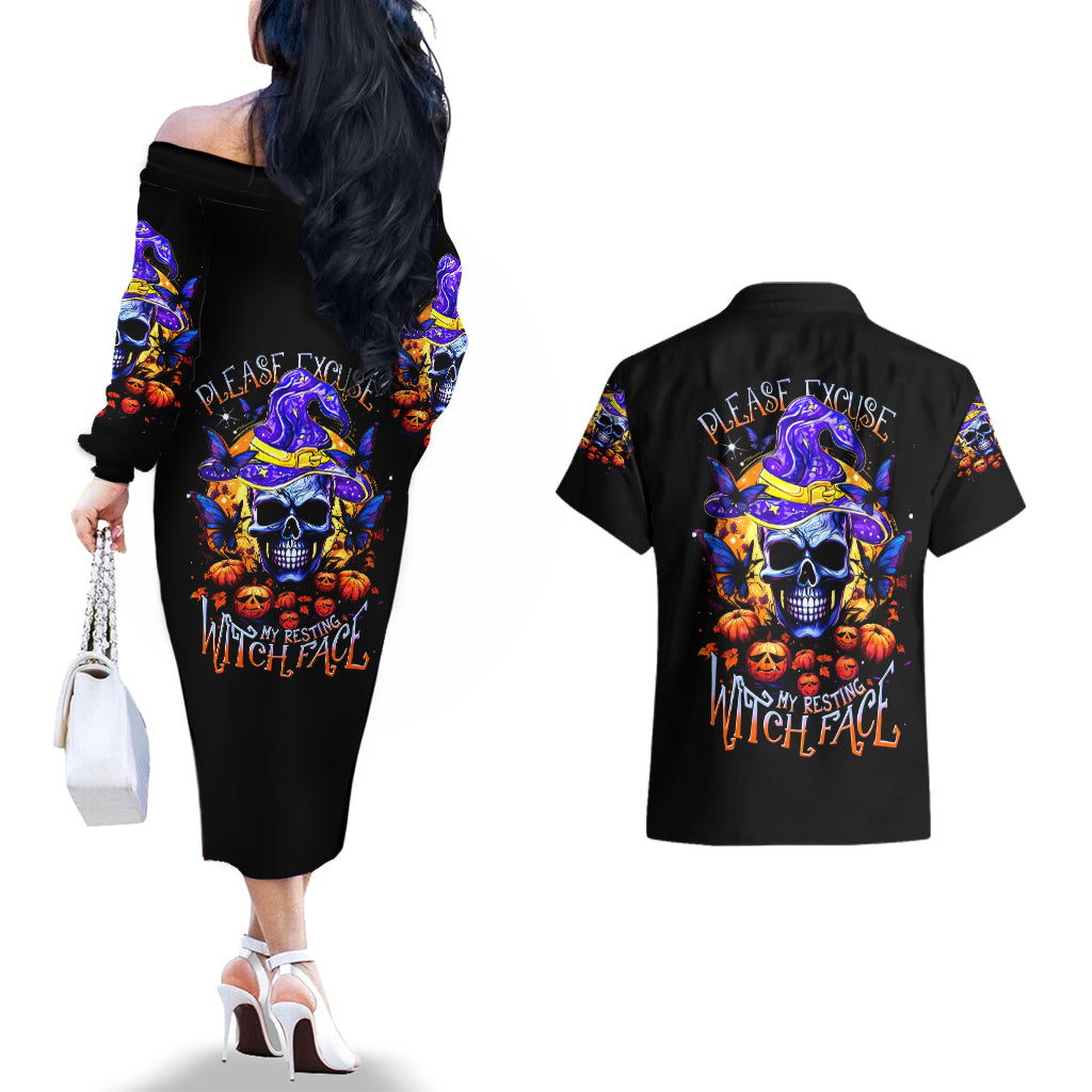 Halloween Skull Couples Matching Off The Shoulder Long Sleeve Dress and Hawaiian Shirt Please Excuse My Resting Witch Face - Wonder Print Shop