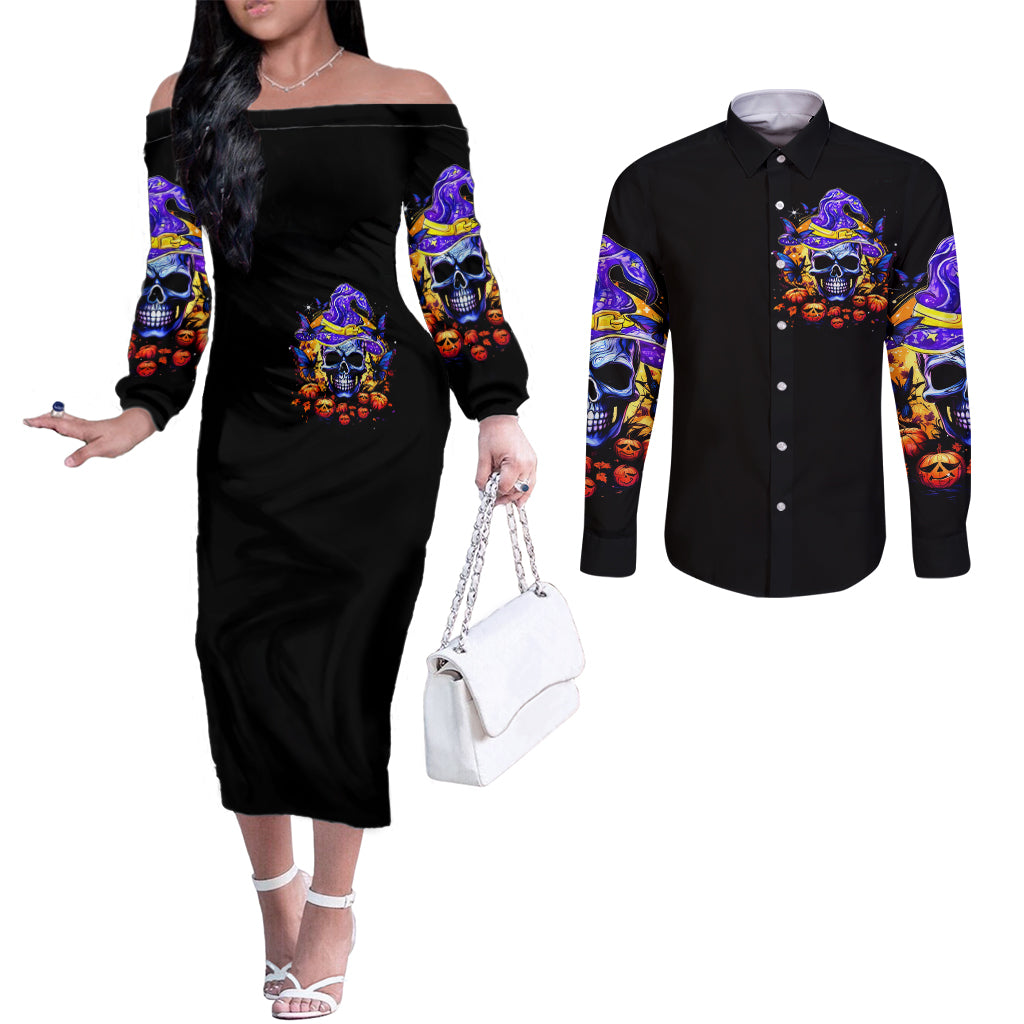 Black off-shoulder dress and black button shirt with colorful skull witch print
