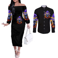 Black off-shoulder dress and black button shirt with colorful skull witch print