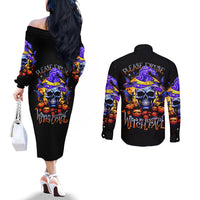 Black off-shoulder long-sleeve dress, colorful skull witch graphic on back