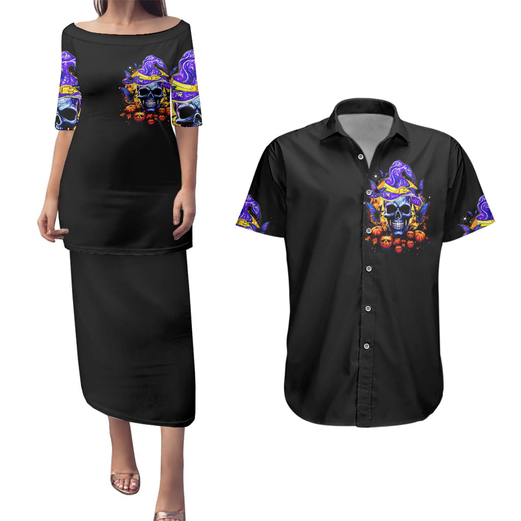 Black Halloween off-shoulder dress and Hawaiian shirt, colorful skull witch print