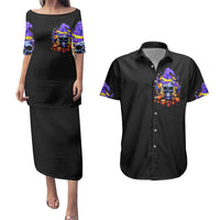 Black Halloween off-shoulder dress and Hawaiian shirt, colorful skull witch print