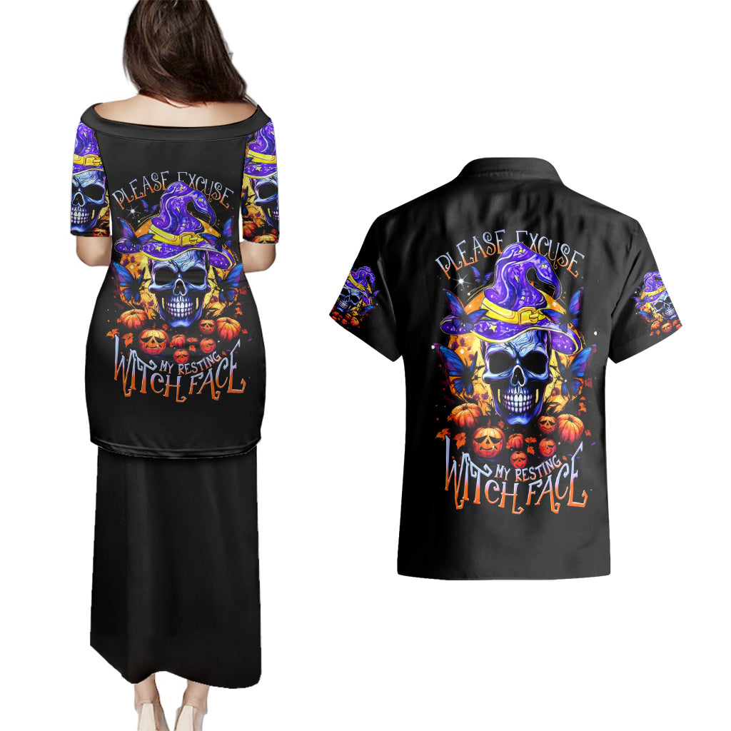 Halloween Skull Couples Matching Puletasi Dress and Hawaiian Shirt Please Excuse My Resting Witch Face - Wonder Print Shop