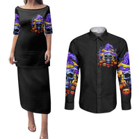 Black off-shoulder maxi dress and long-sleeve button shirt set with skull witch graphic