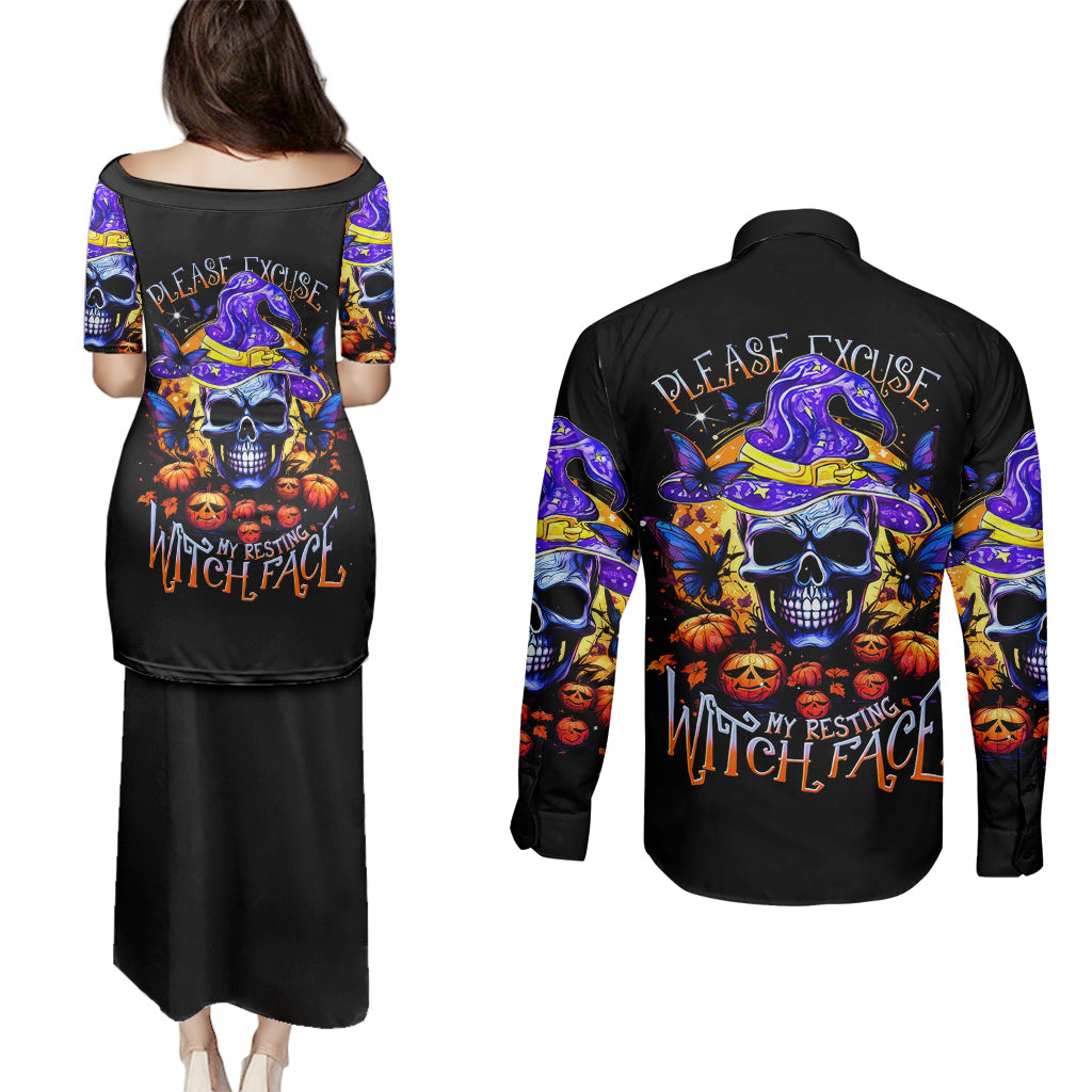 Halloween Skull Couples Matching Puletasi Dress and Long Sleeve Button Shirts Please Excuse My Resting Witch Face - Wonder Print Shop