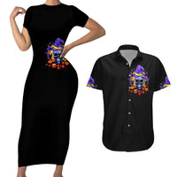 Black bodycon maxi dress with skull witch face graphic; black button-up Hawaiian shirt