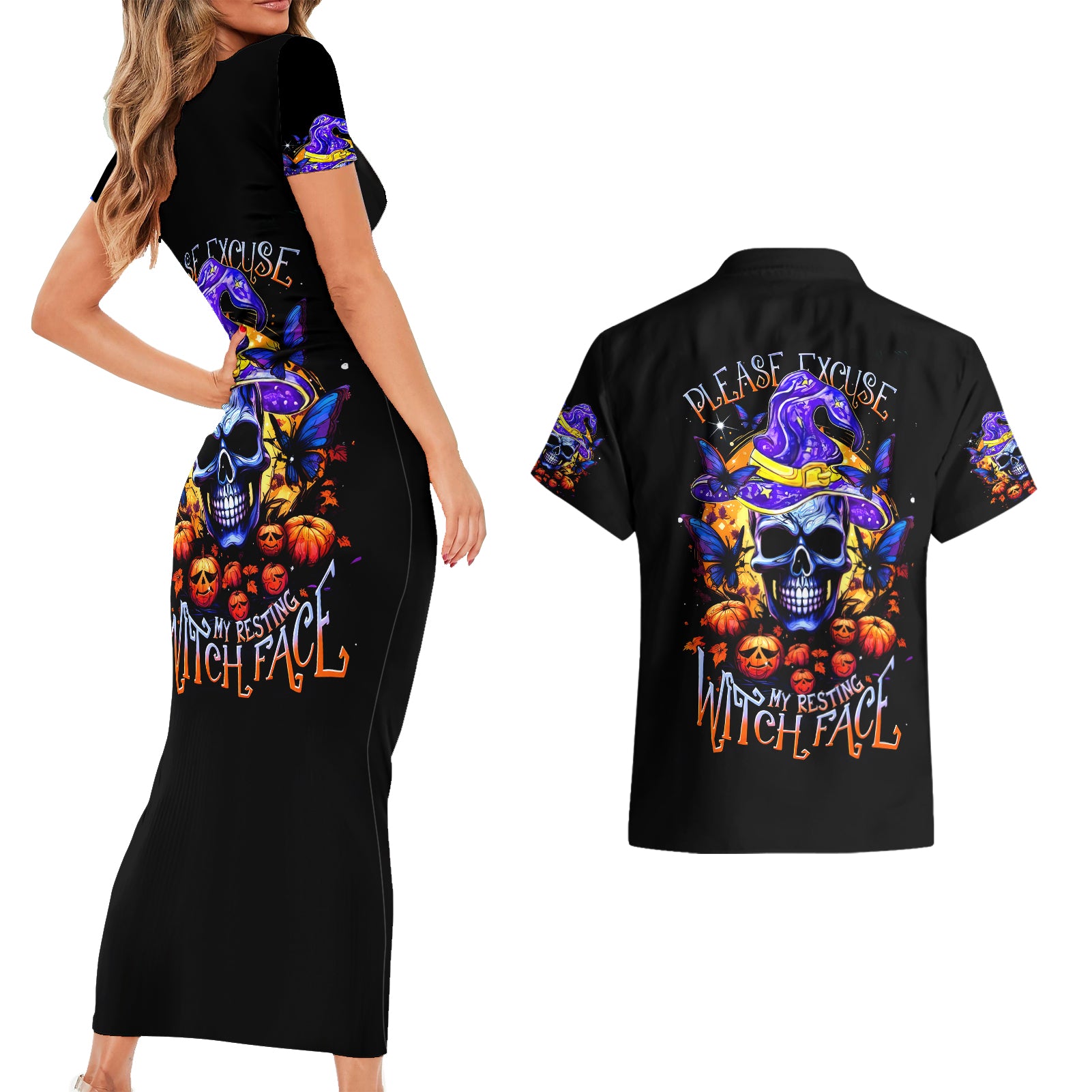 Halloween Skull Couples Matching Short Sleeve Bodycon Dress and Hawaiian Shirt Please Excuse My Resting Witch Face - Wonder Print Shop