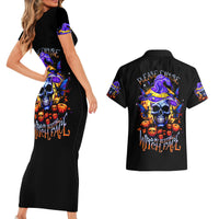 Black bodycon short-sleeve dress with colorful skull witch face graphic and matching shirt