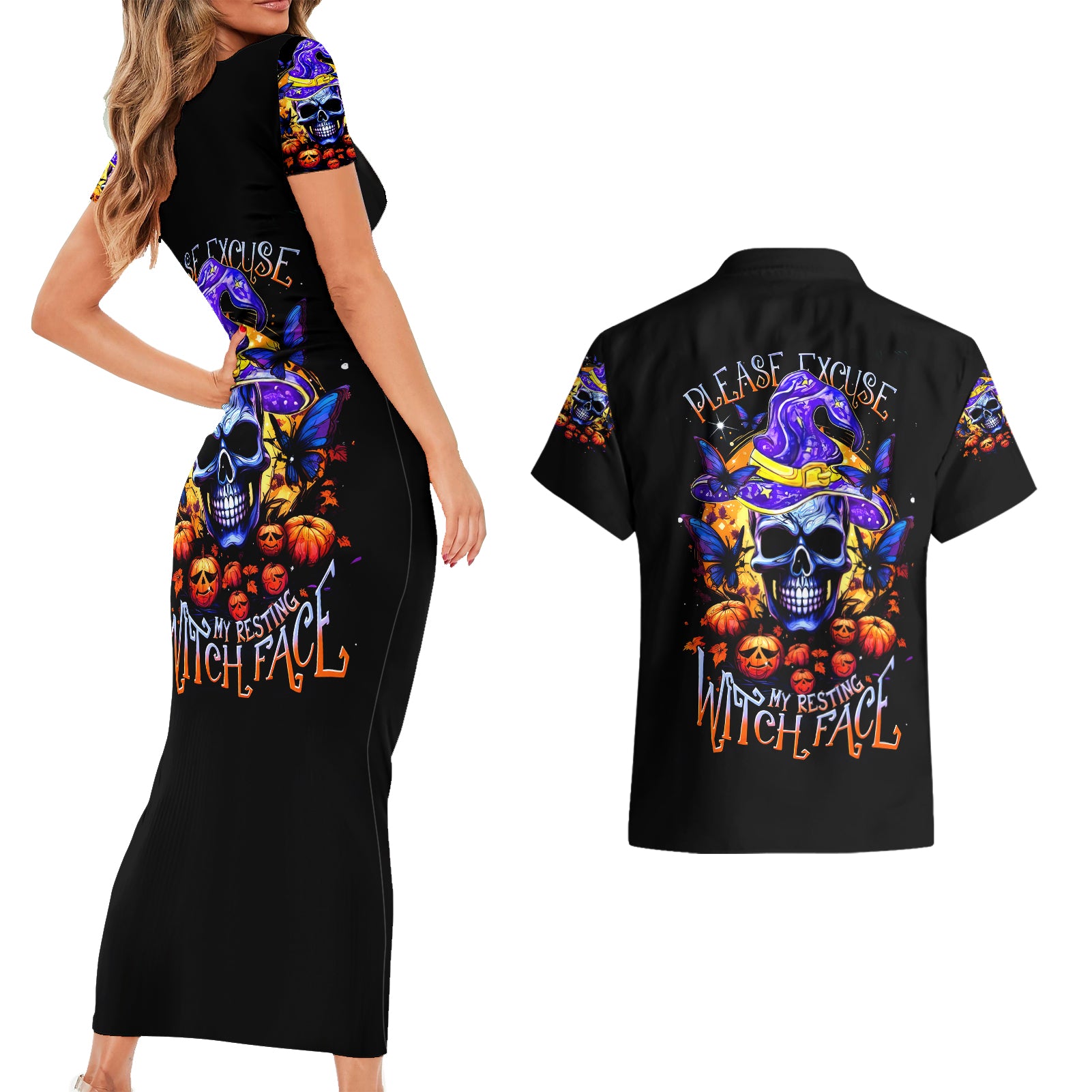 Halloween Skull Couples Matching Short Sleeve Bodycon Dress and Hawaiian Shirt Please Excuse My Resting Witch Face - Wonder Print Shop