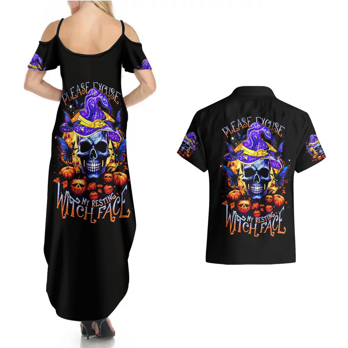 Halloween Skull Couples Matching Summer Maxi Dress and Hawaiian Shirt Please Excuse My Resting Witch Face - Wonder Print Shop