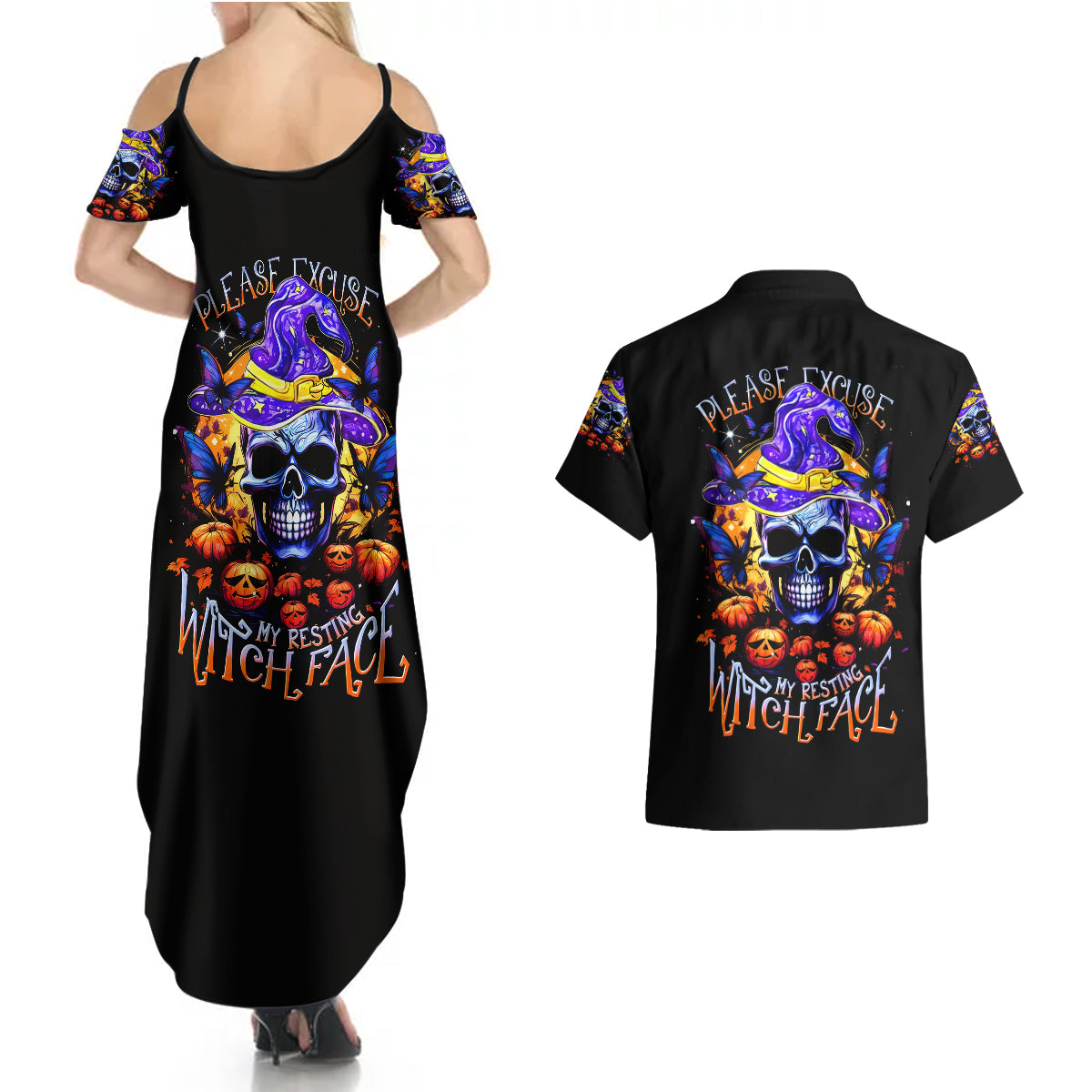 Halloween Skull Couples Matching Summer Maxi Dress and Hawaiian Shirt Please Excuse My Resting Witch Face - Wonder Print Shop