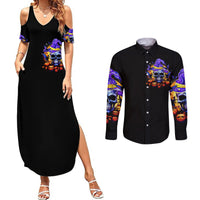 Black maxi dress with skull witch graphic and side slit; long-sleeve button shirt, front view