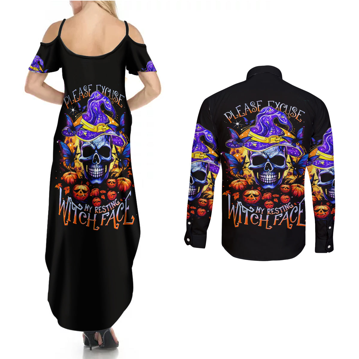 Halloween Skull Couples Matching Summer Maxi Dress and Long Sleeve Button Shirts Please Excuse My Resting Witch Face - Wonder Print Shop
